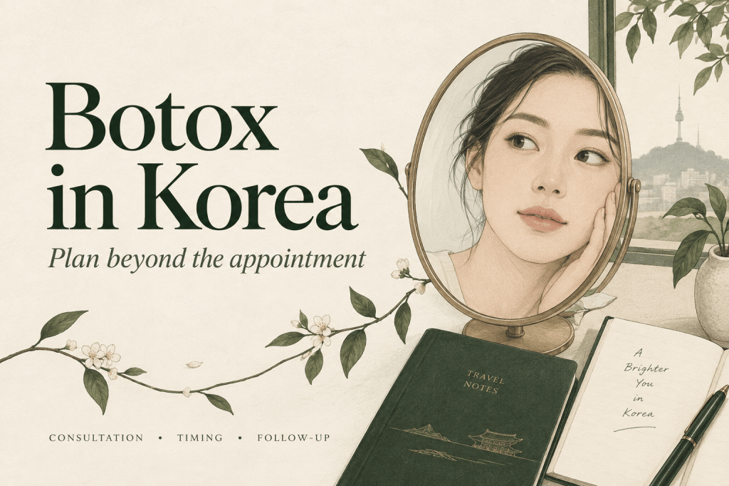 Botox in Korea: plan beyond the appointment. Editorial illustration of a face in a mirror and a travel notebook, emphasizing consultation, timing, and follow-up.