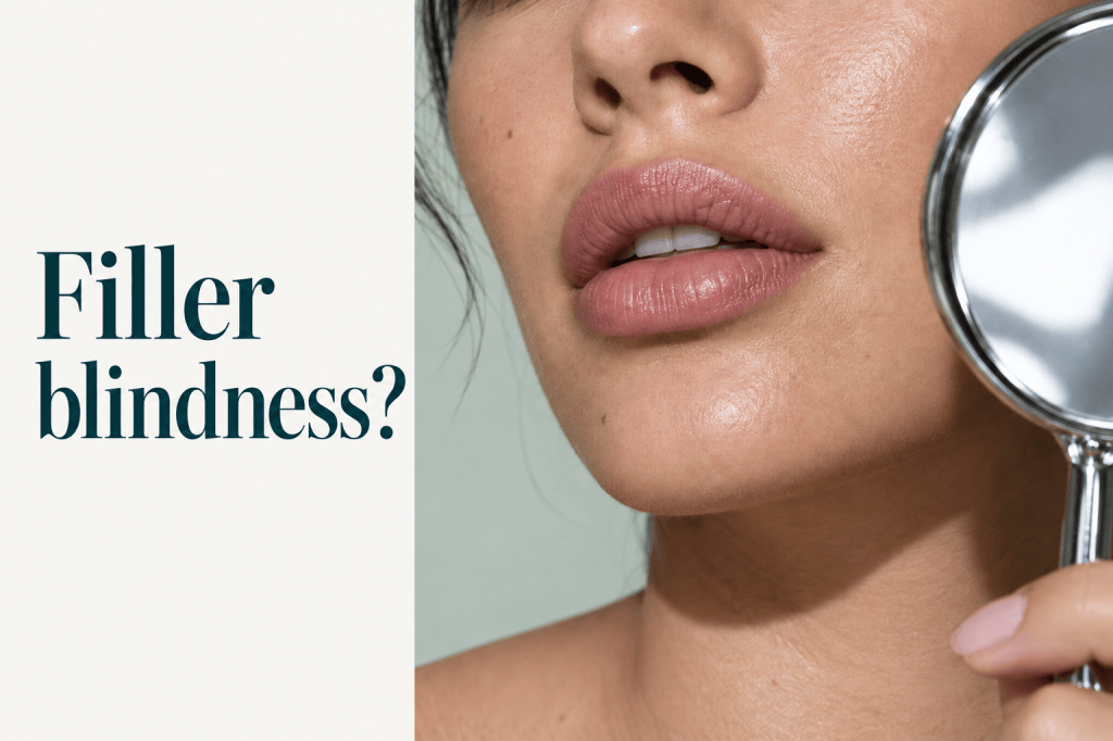 Filler blindness? A photographic beauty editorial with a mirror, ivory background and teal title.