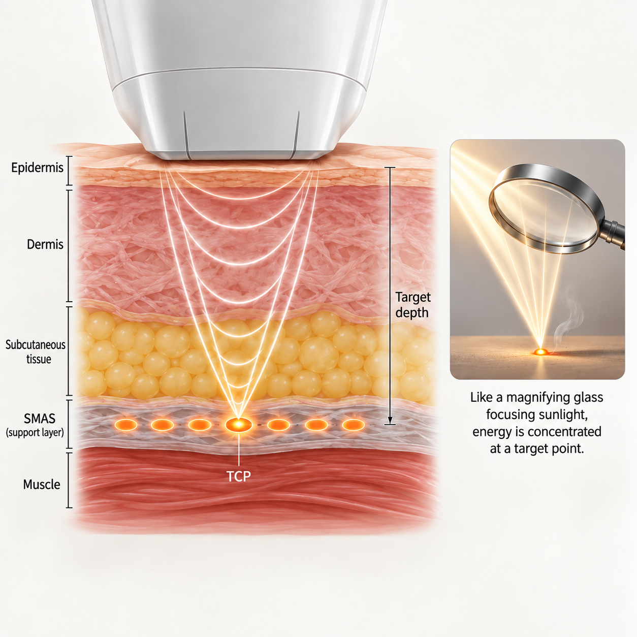 Focused ultrasound creates localized thermal coagulation points, illustrated alongside a magnifying-glass analogy.