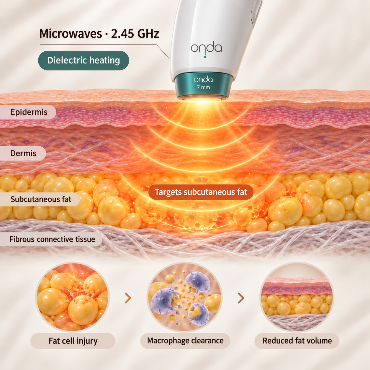 Onda microwave energy illustration showing subcutaneous fat targeting and a conceptual sequence of fat cell injury and clearance.