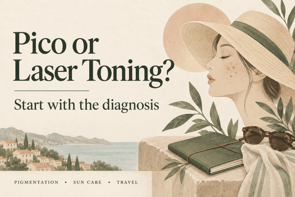 Pico or Laser Toning? Start with the diagnosis. Editorial illustration of facial pigmentation, a sun hat, and travel notes.