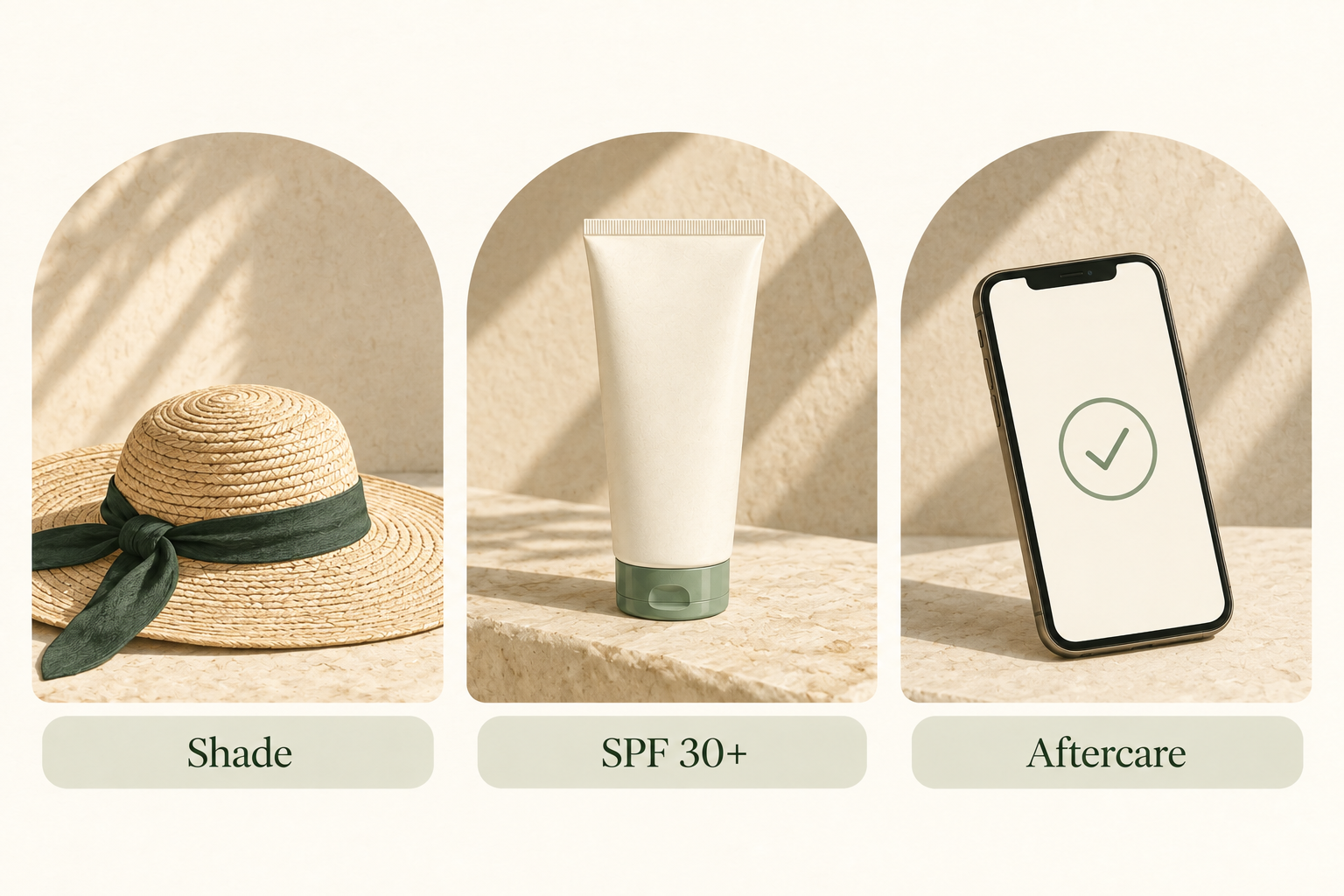 A simple travel skincare routine with sunscreen and gentle skincare