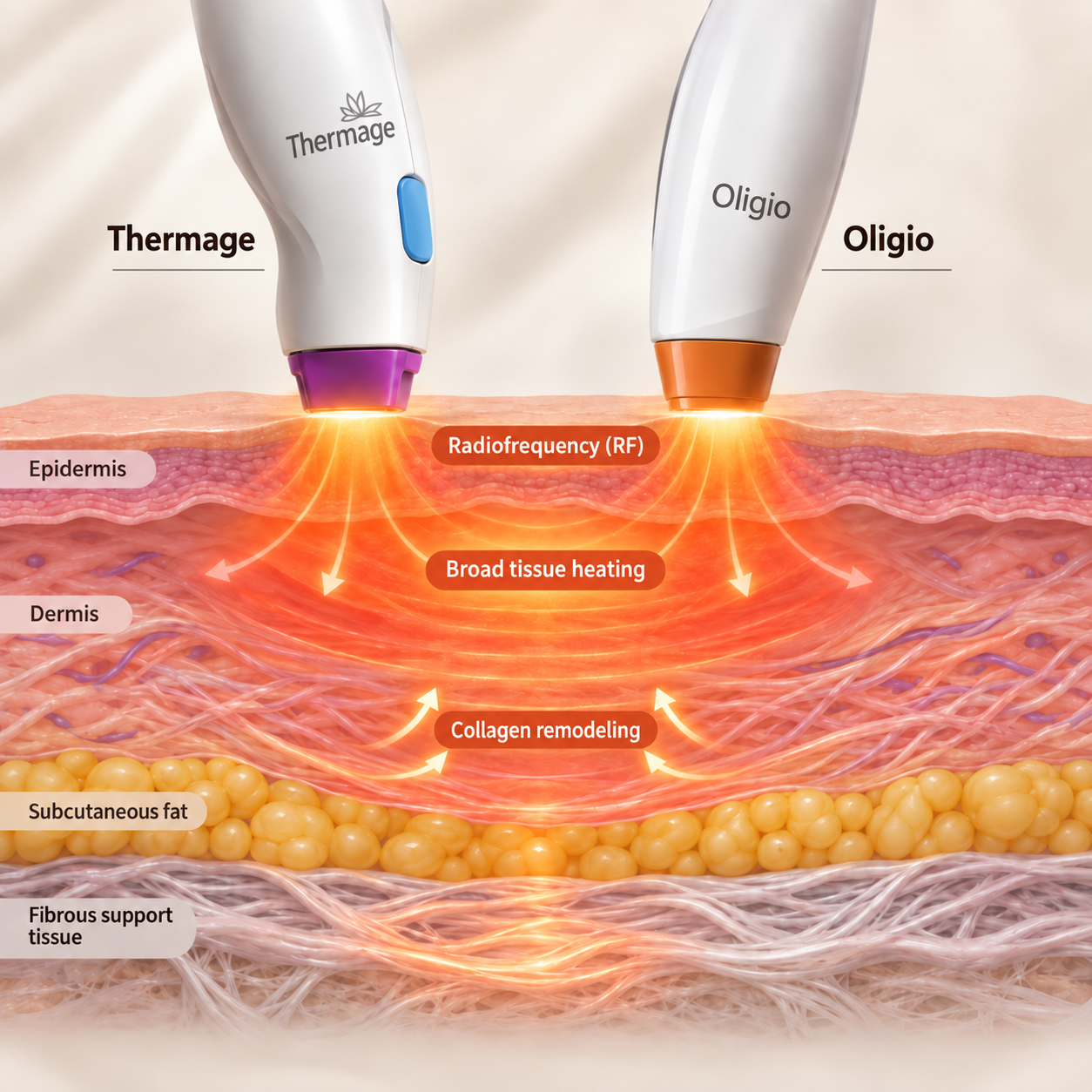 Thermage and Oligio radiofrequency handpieces above a diagram of broader tissue heating and collagen remodeling.