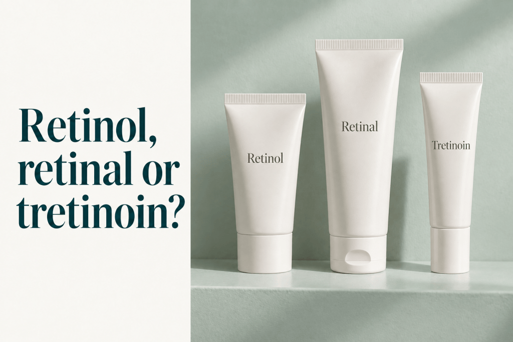 Retinol, retinal or tretinoin? Three skincare tubes on a pale celadon background.