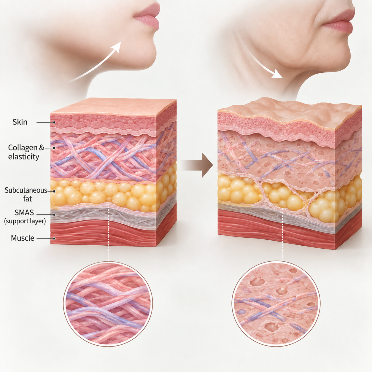 Paired illustrations show age-related changes in skin, collagen, fat and supporting tissue layers.