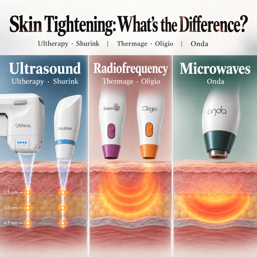 Ultrasound, radiofrequency and microwave skin-tightening technologies compared: Ultherapy, Shurink, Thermage, Oligio and Onda.