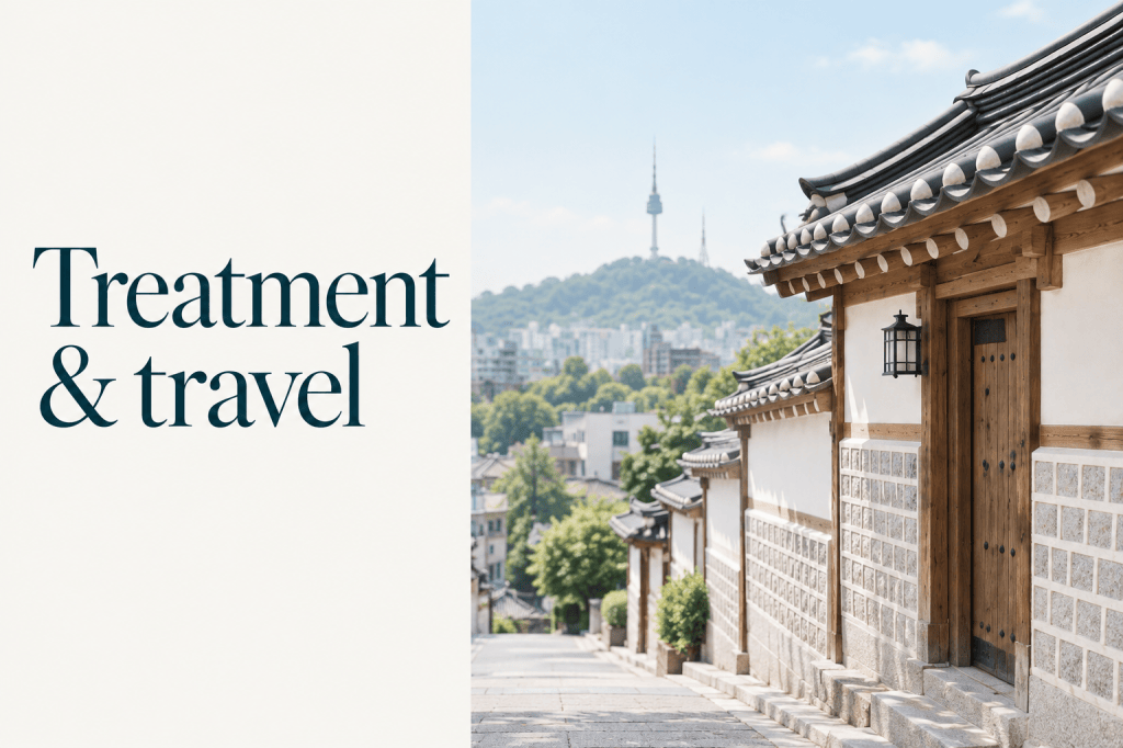 Treatment and travel: a quiet hanok view with N Seoul Tower and a teal title.