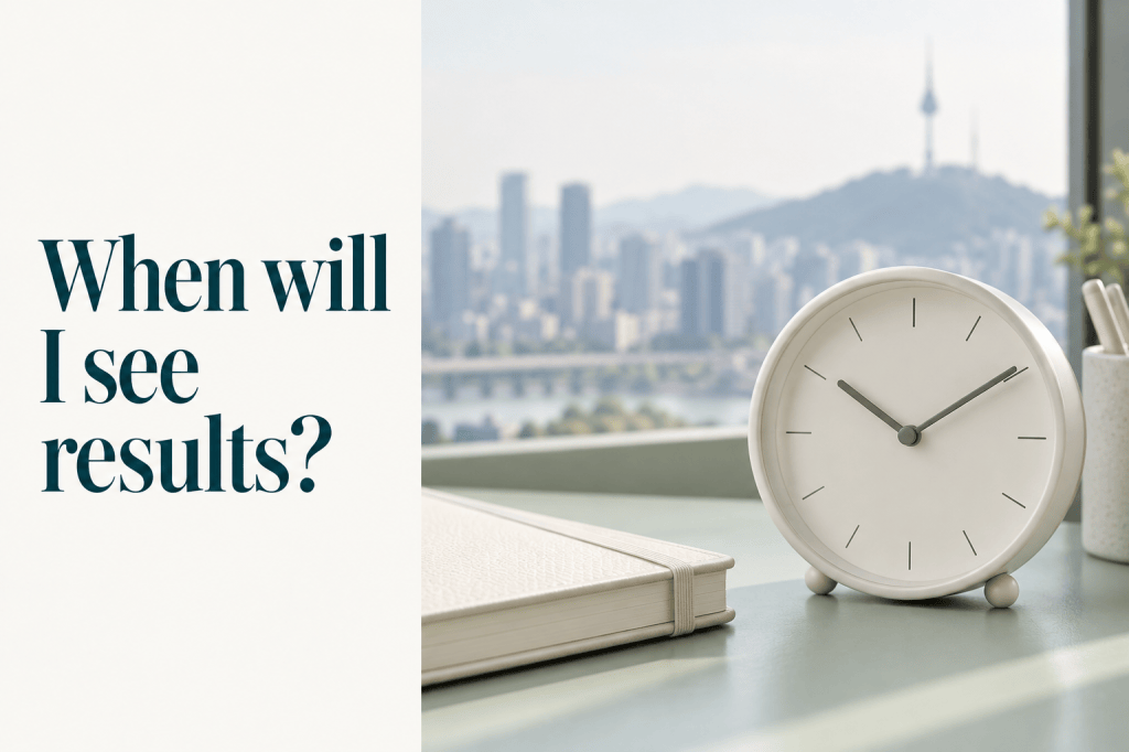 When will I see results? An ivory clock with the Seoul skyline in the background.