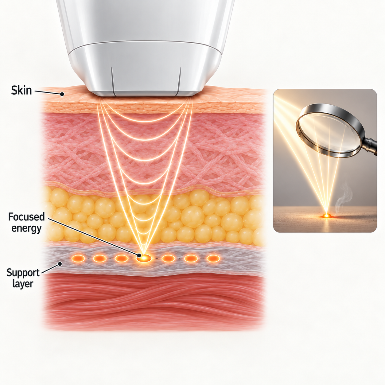 Simplified illustration of focused ultrasound energy at selected depths beneath the skin