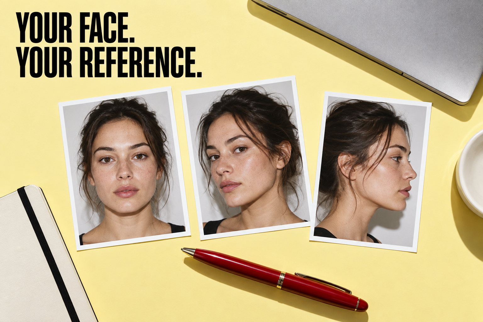 Editorial arrangement of front, three-quarter and profile portrait examples for discussing baseline photographs.