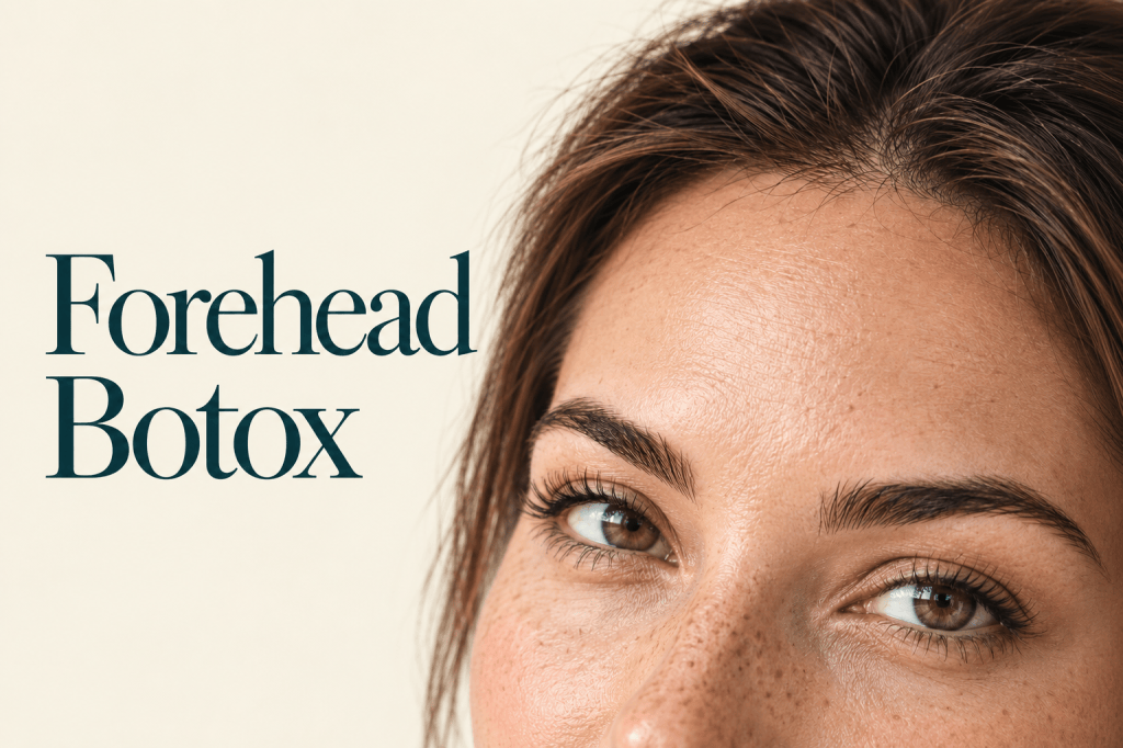 Forehead Botox, a landscape beauty editorial with fully visible teal title and a natural forehead and eye portrait.