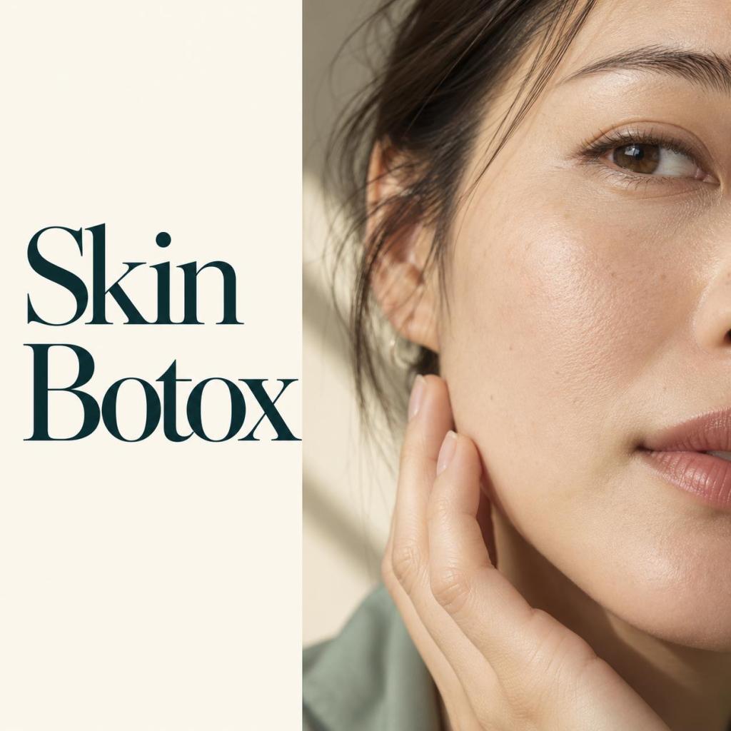 Skin Botox, a natural skin close-up with an ivory background and dark teal editorial title.