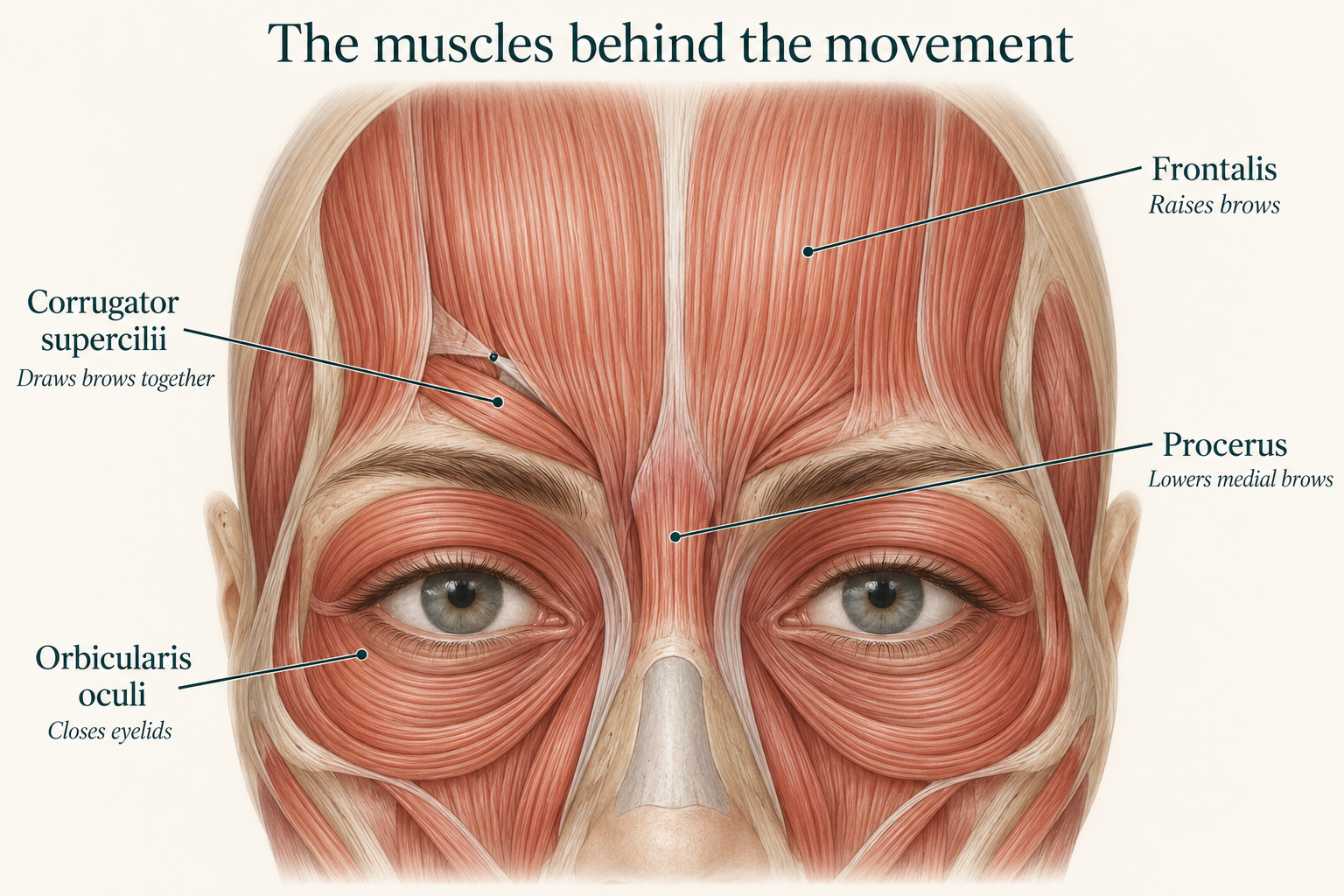 Frontalis, corrugator supercilii, procerus and orbicularis oculi, with their main actions.