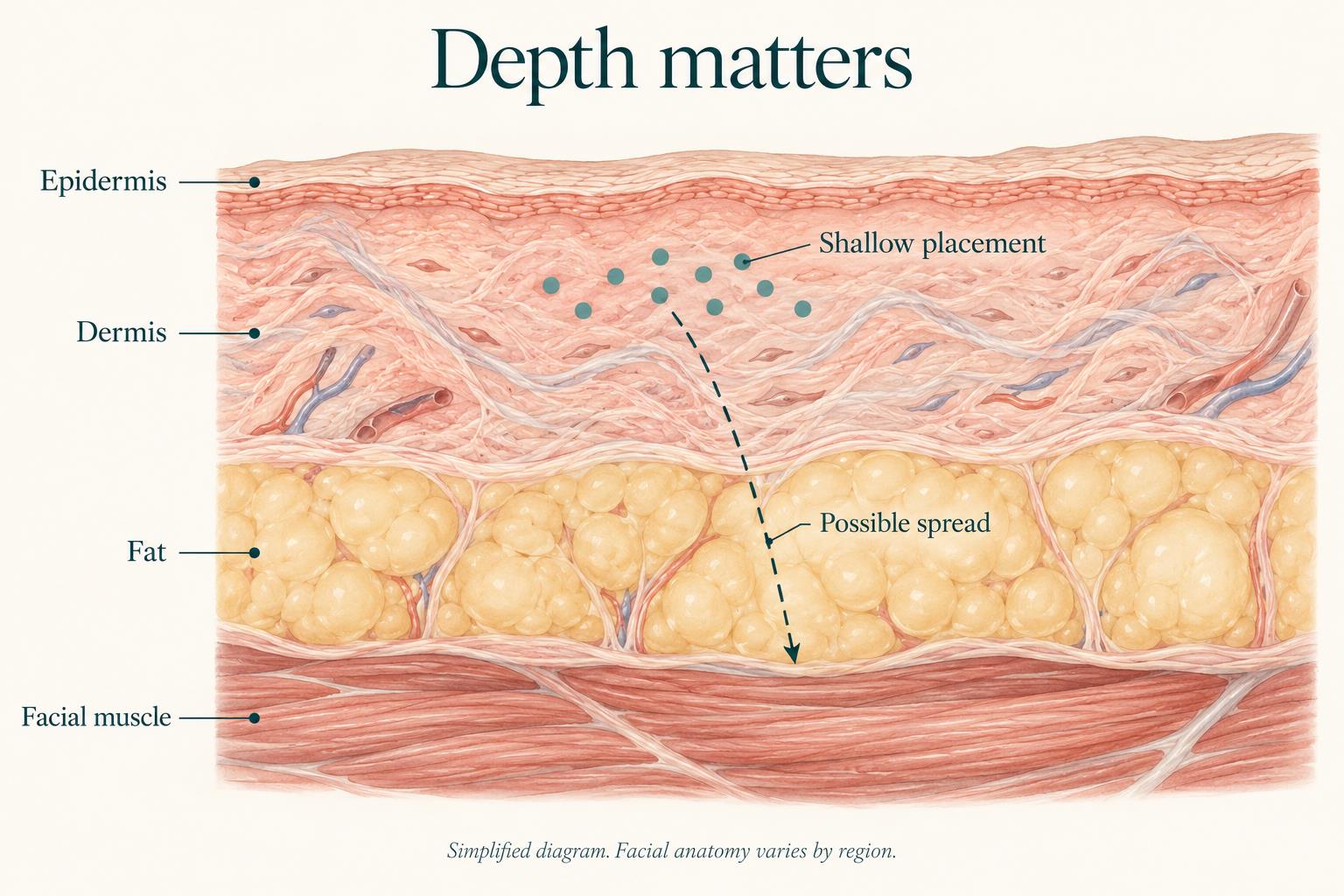 Simplified skin cross-section showing shallow dermal placement and possible spread toward facial muscle.