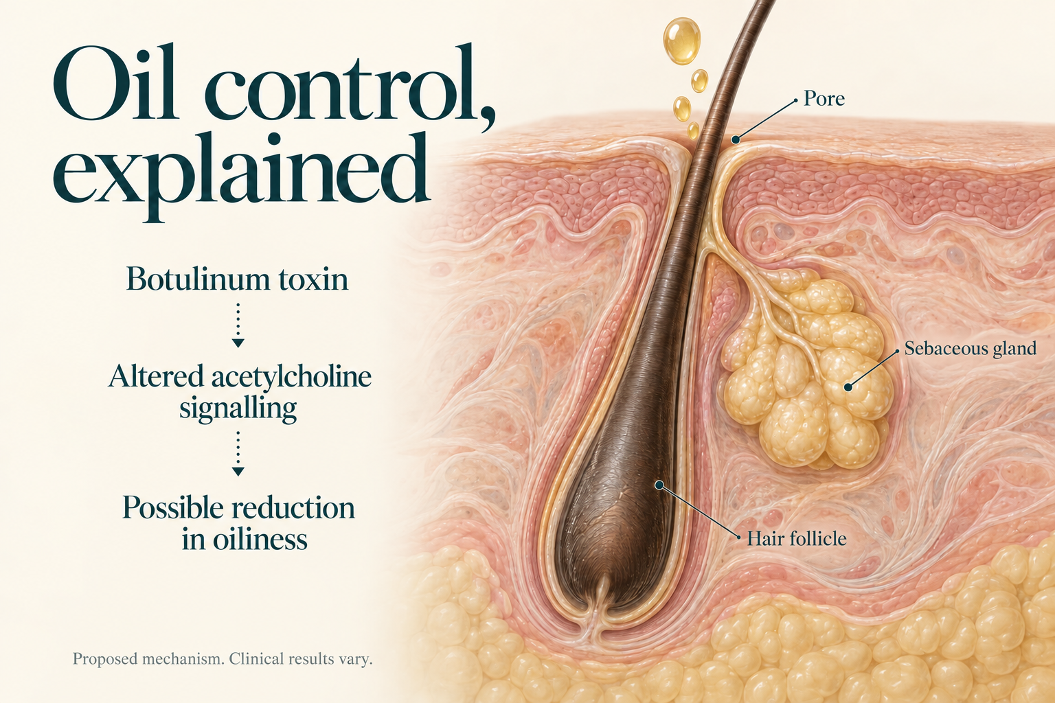 Hair follicle and sebaceous gland with a proposed acetylcholine-signalling pathway for reduced oiliness.