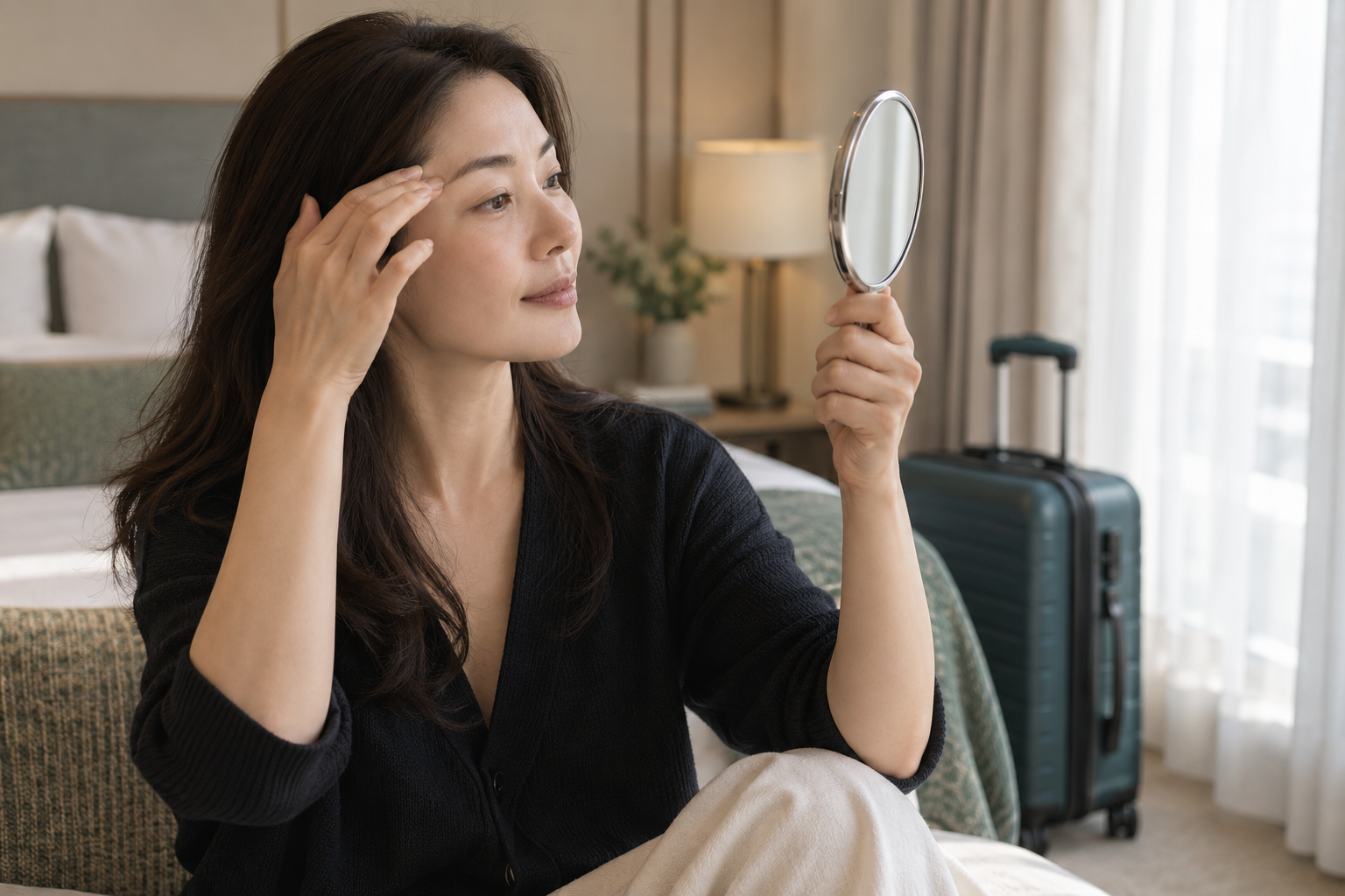 A traveler checks her brow and eye area with a handheld mirror in a softly lit hotel room.