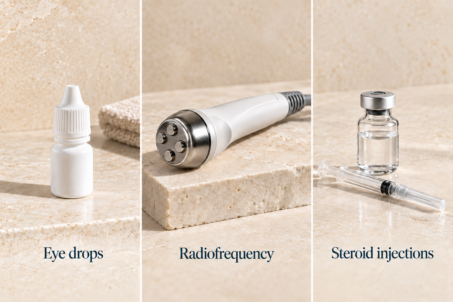 Eye drops, a radiofrequency handpiece and a steroid vial with syringe, shown in three photographic panels.