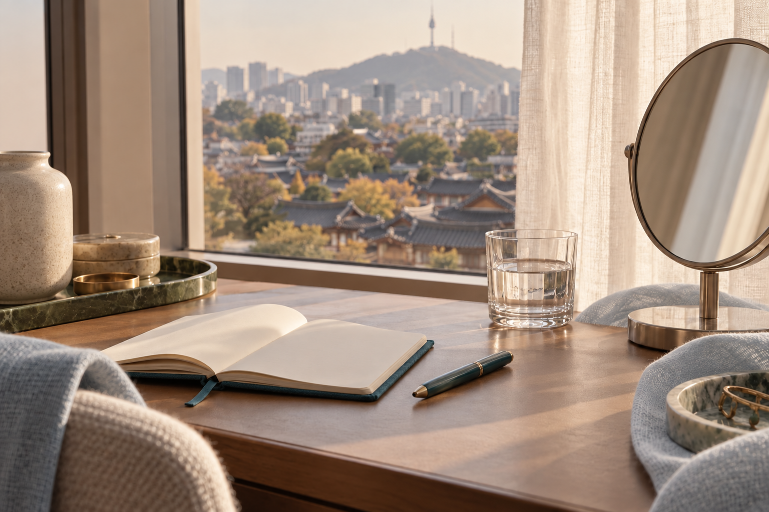 An ivory notebook, teal pen and mirror beside a sunlit window overlooking Seoul.