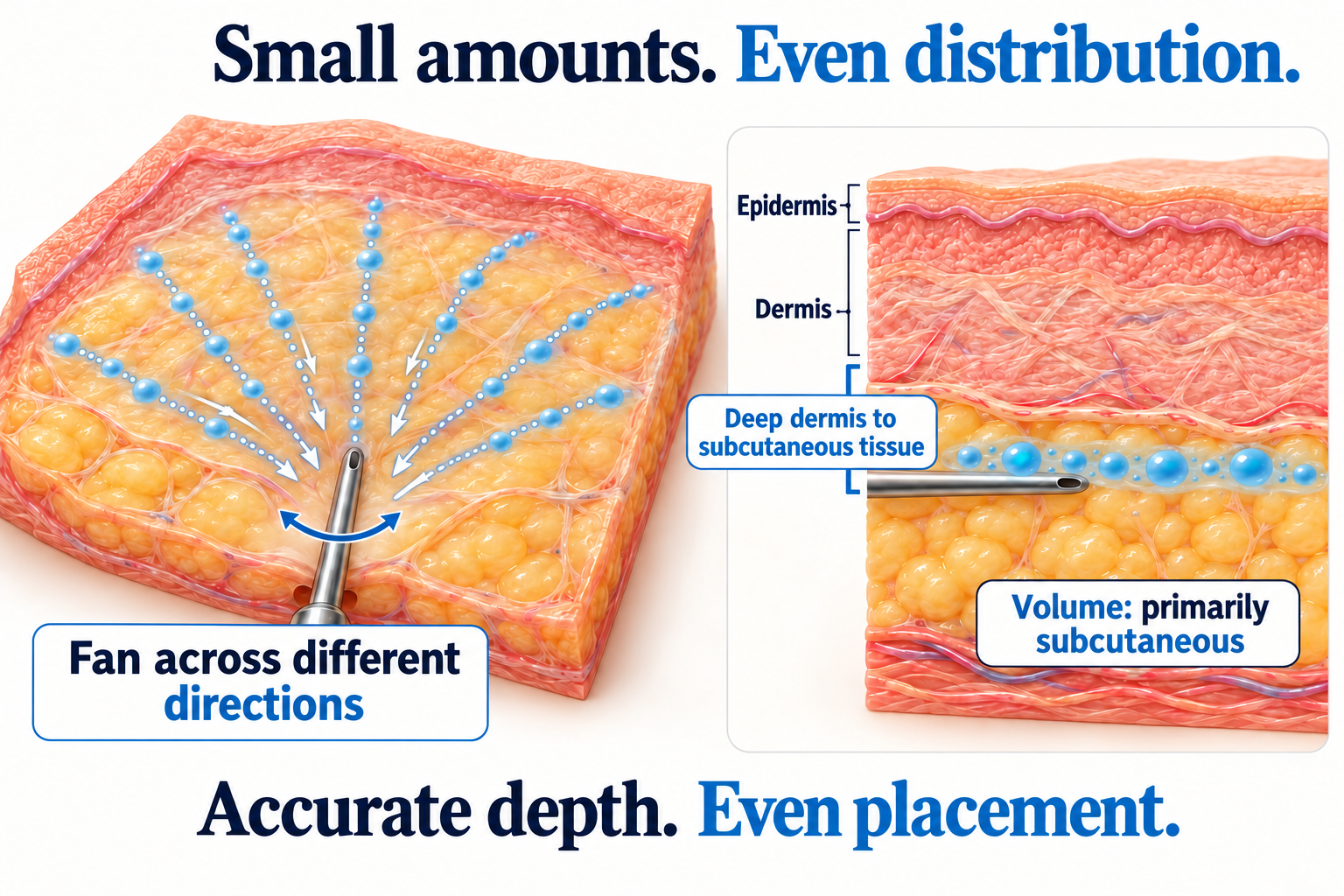 Cannula fanning across several directions, with a skin cross-section showing deep dermis to subcutaneous tissue and volume placement primarily in subcutaneous fat