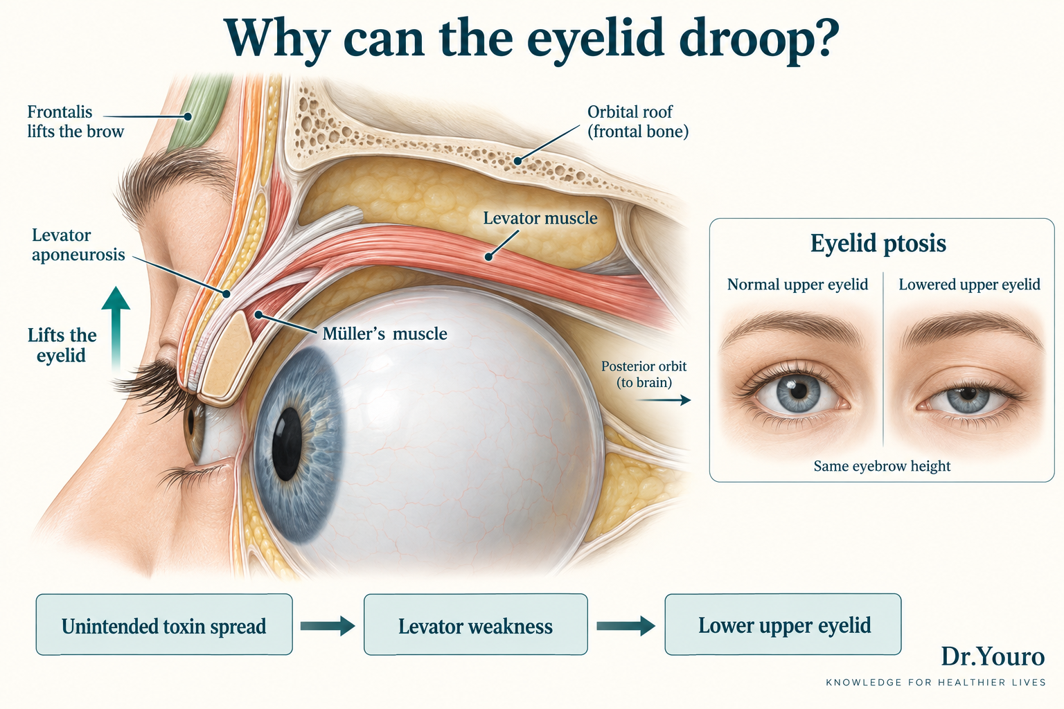Simplified side section showing frontalis outside the orbit, the levator muscle and aponeurosis lifting the upper eyelid, and Müller’s muscle. Inset compares eyelid positions at the same brow height.