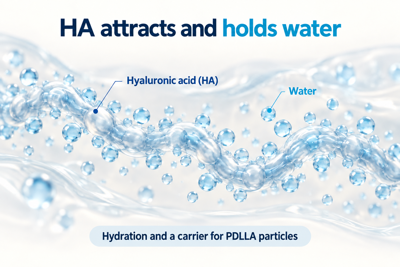 Hyaluronic acid chain with surrounding water, illustrating water retention and its role as a PDLLA carrier