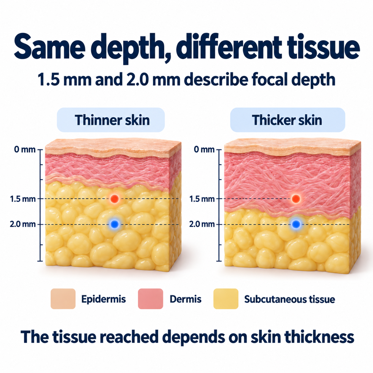 The same 1.5 mm and 2.0 mm focal depths reach different tissue layers in thinner and thicker skin