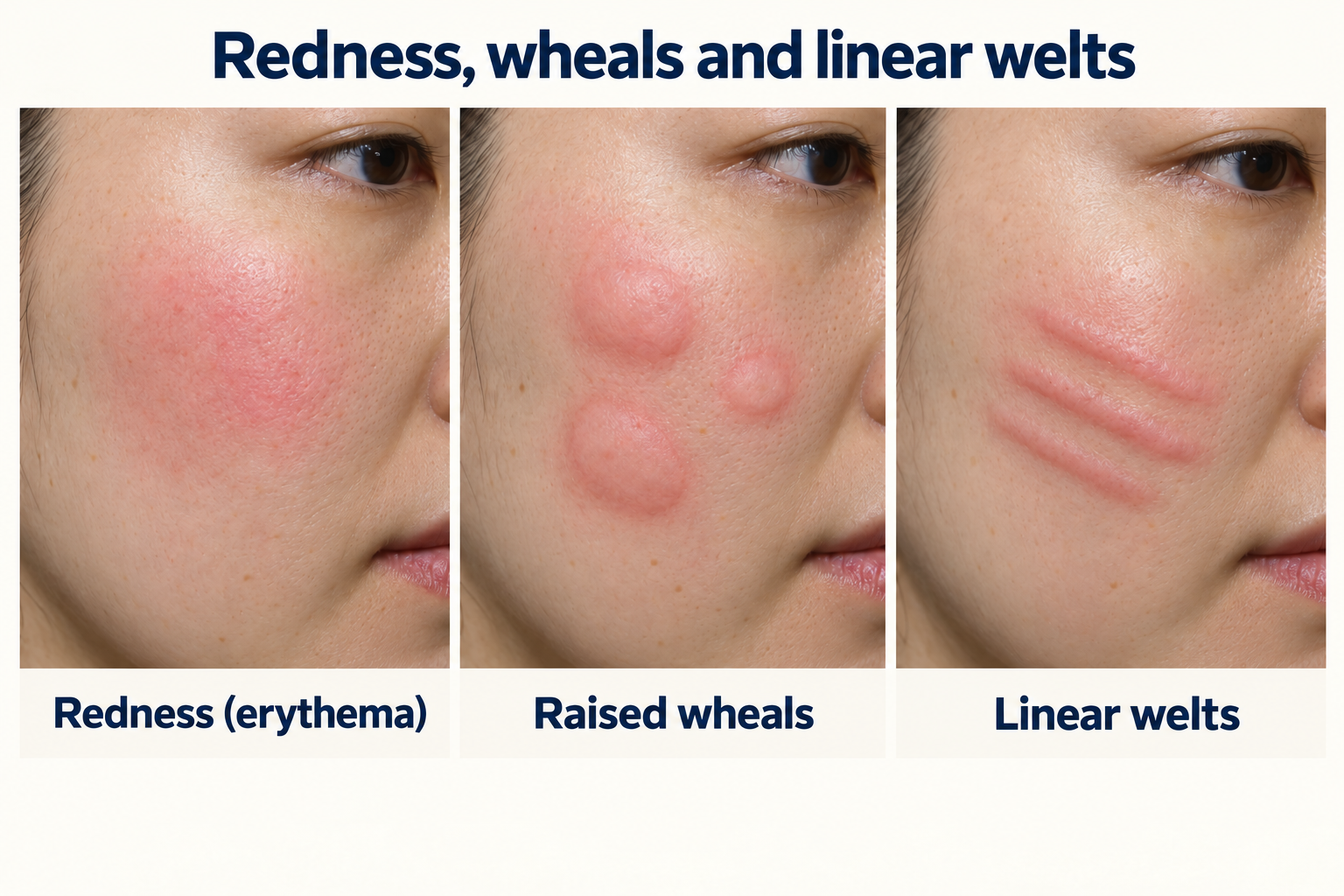 Illustrations comparing diffuse redness, raised wheals and linear welts after energy-based treatment