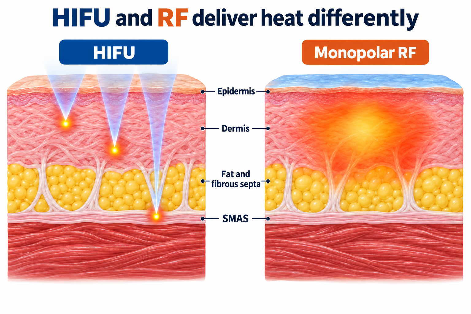 Skin cross-sections comparing focused ultrasound treatment points with broader monopolar radiofrequency heating