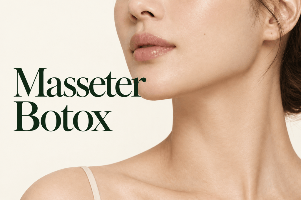 Editorial close-up of the lower face, lips and jawline beside the title Masseter Botox on an ivory background.