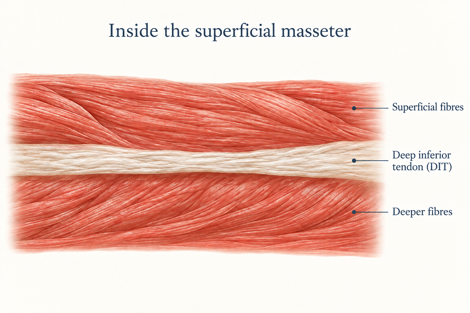 Conceptual cutaway of superficial and deeper muscle fibres around the deep inferior tendon within the superficial masseter.