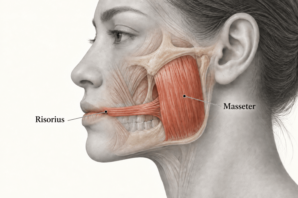 Simplified side-view illustration of the masseter and nearby risorius muscle.