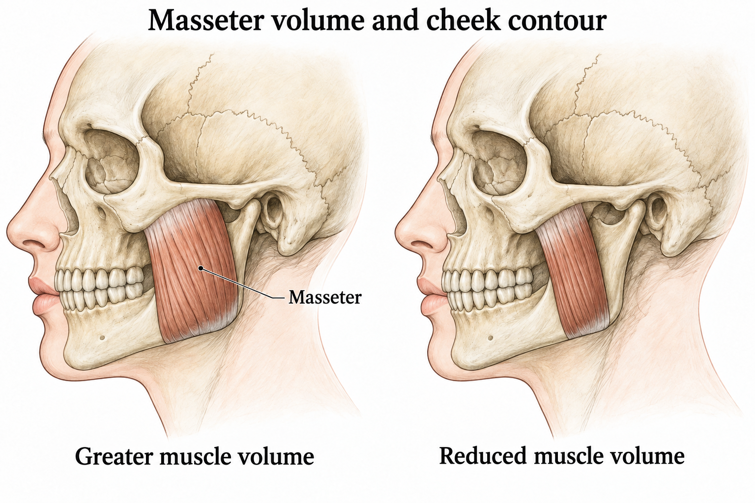 Simplified lateral skull illustrations comparing greater and reduced masseter muscle volume.