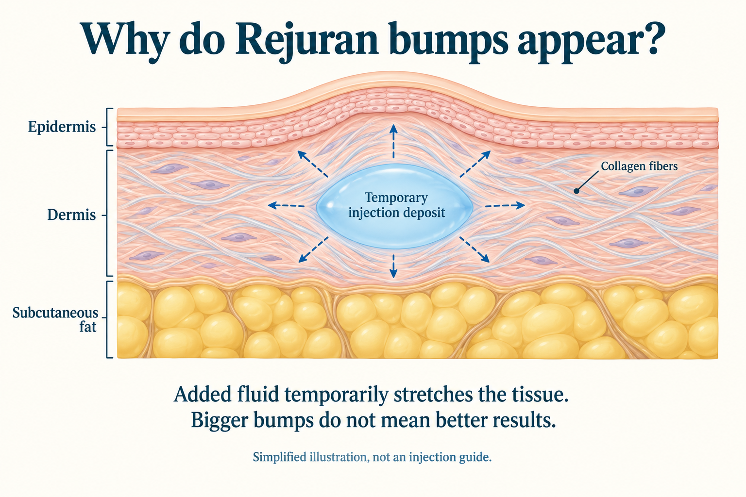 Simplified skin cross-section showing an intradermal injection deposit temporarily stretching the dermis and raising the overlying epidermis