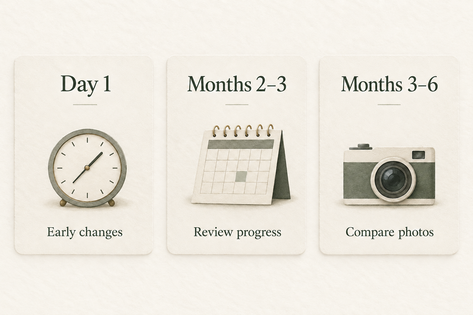 Ultherapy review timeline: early changes on day one, review progress at months two to three, compare photographs at months three to six