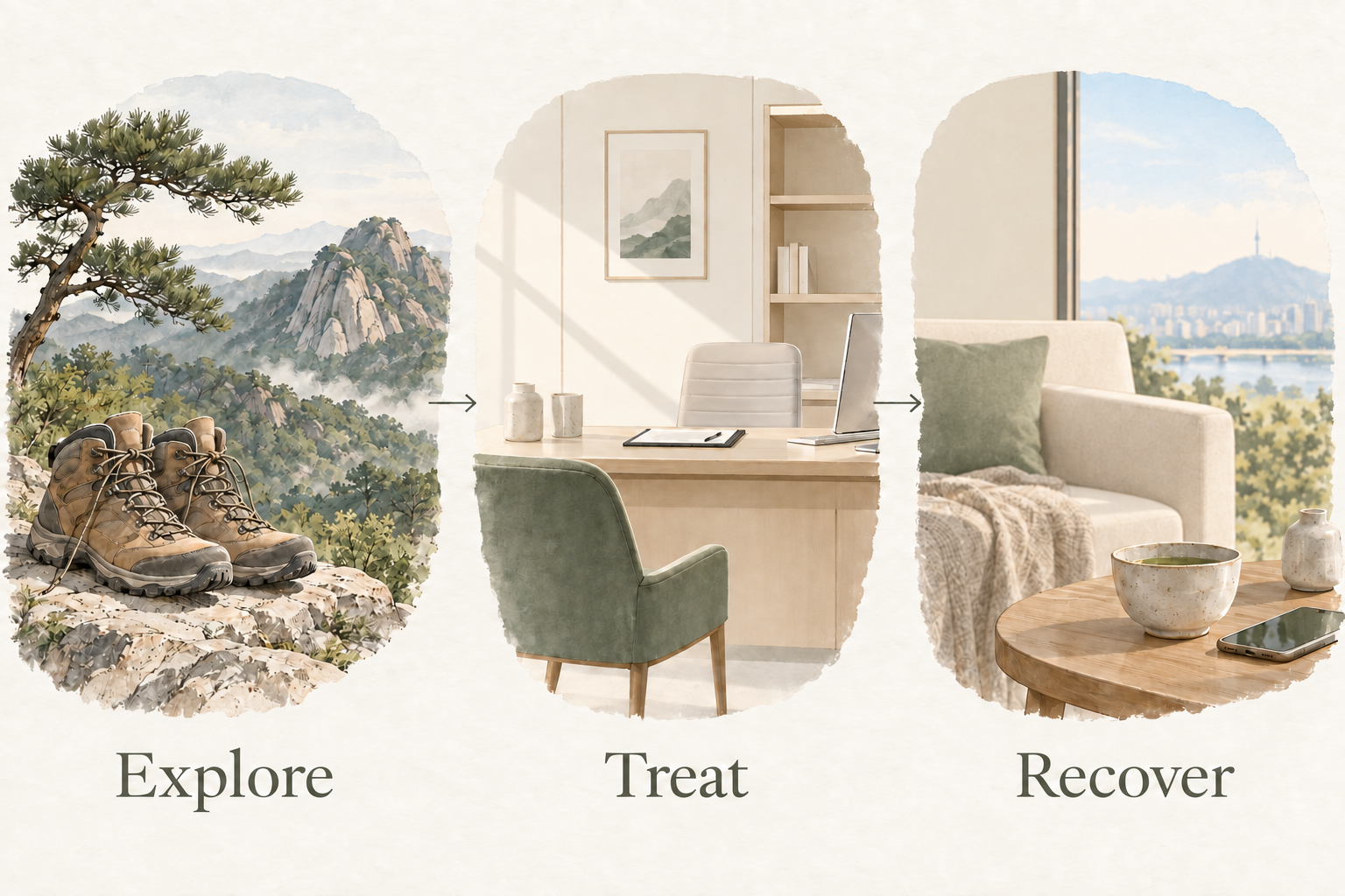 Three travel-planning stages: Explore, Treat, Recover