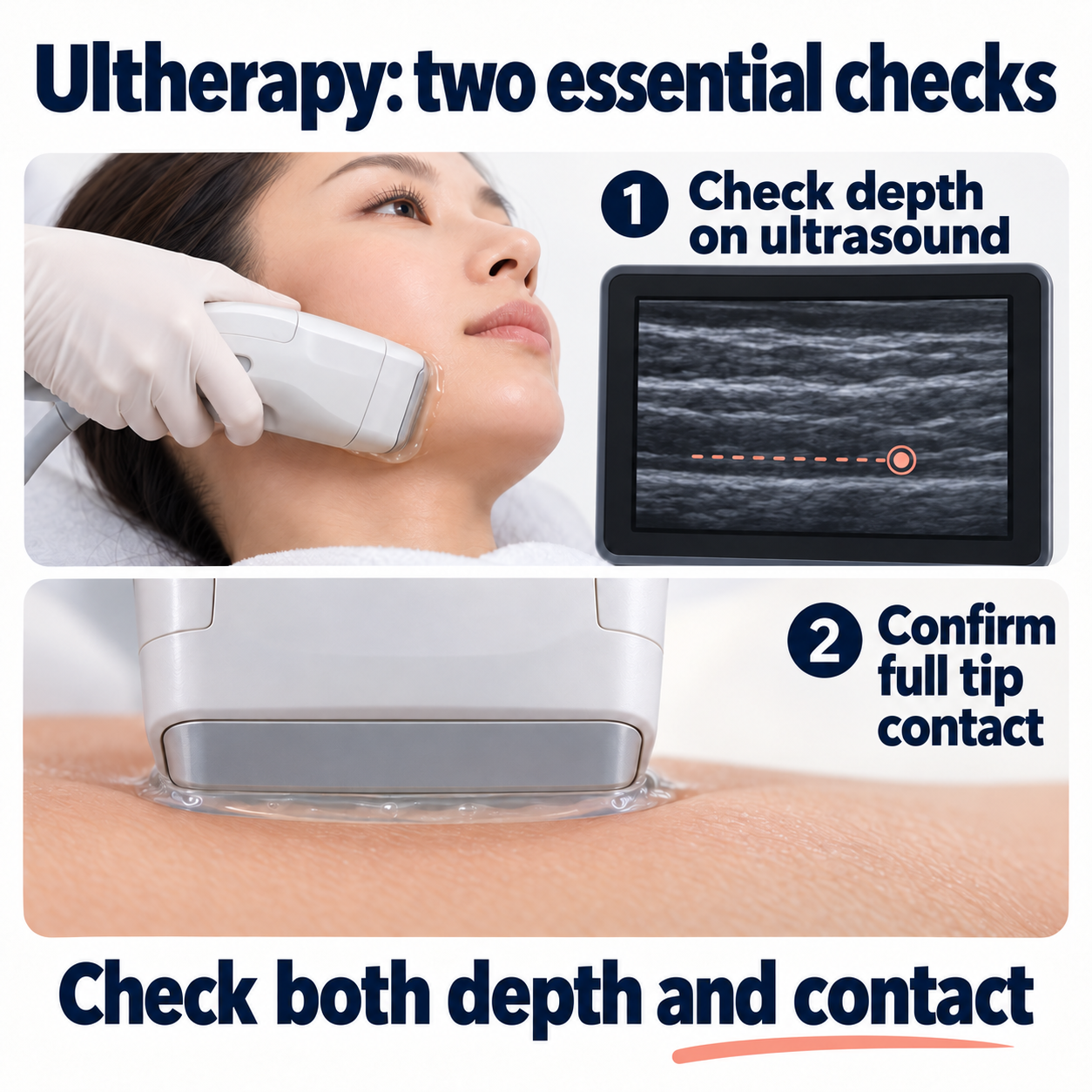 Two Ultherapy checks: identify tissue depth on live ultrasound and confirm full transducer contact with the skin