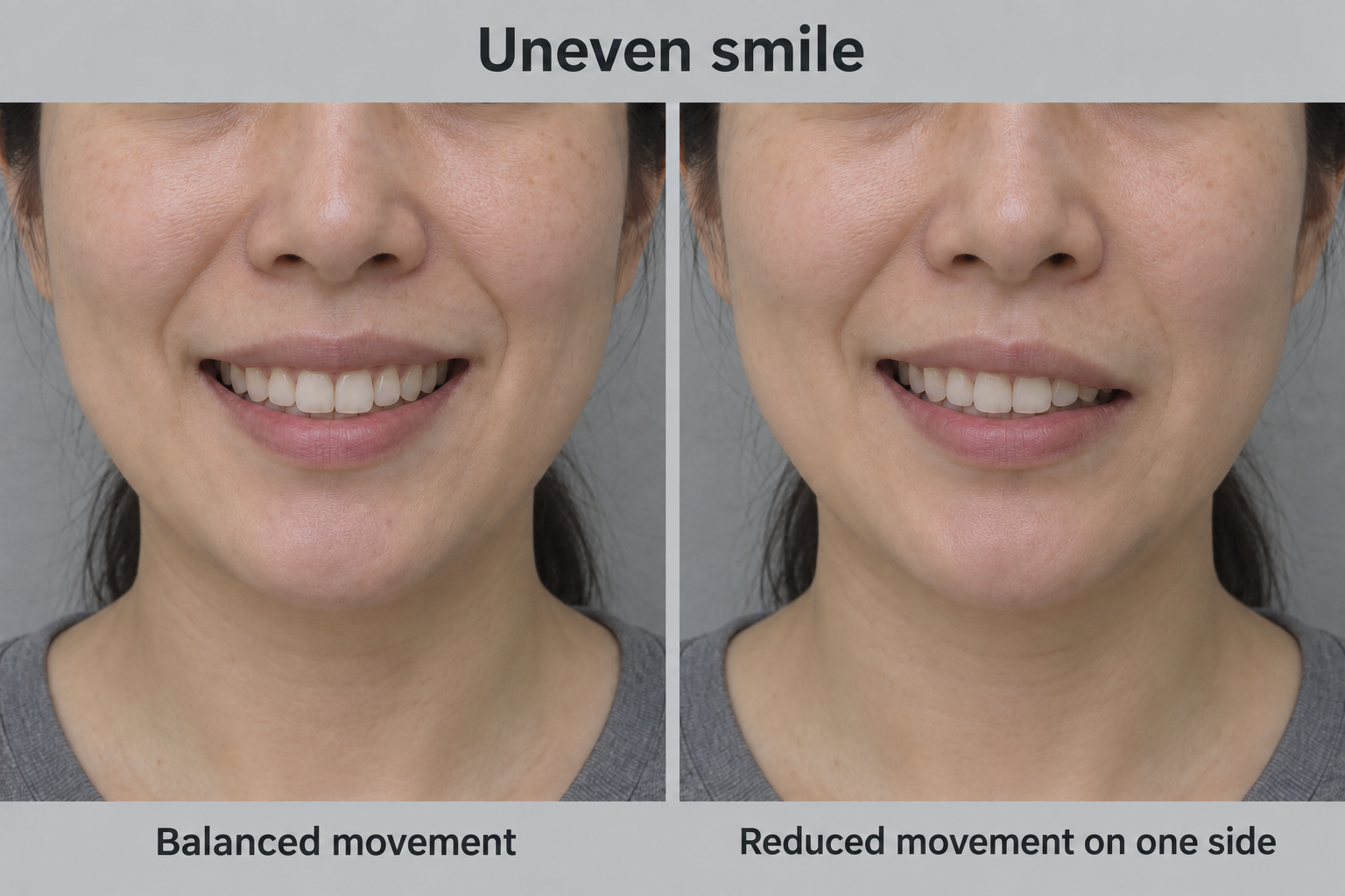 Illustrative comparison of balanced smile movement and reduced movement on one side.